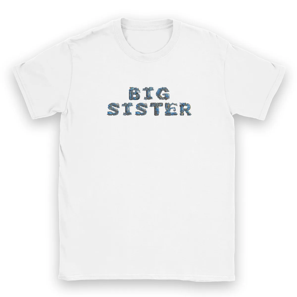 BIG SISTER in the Robots alphabet, printed on a kids t-shirt