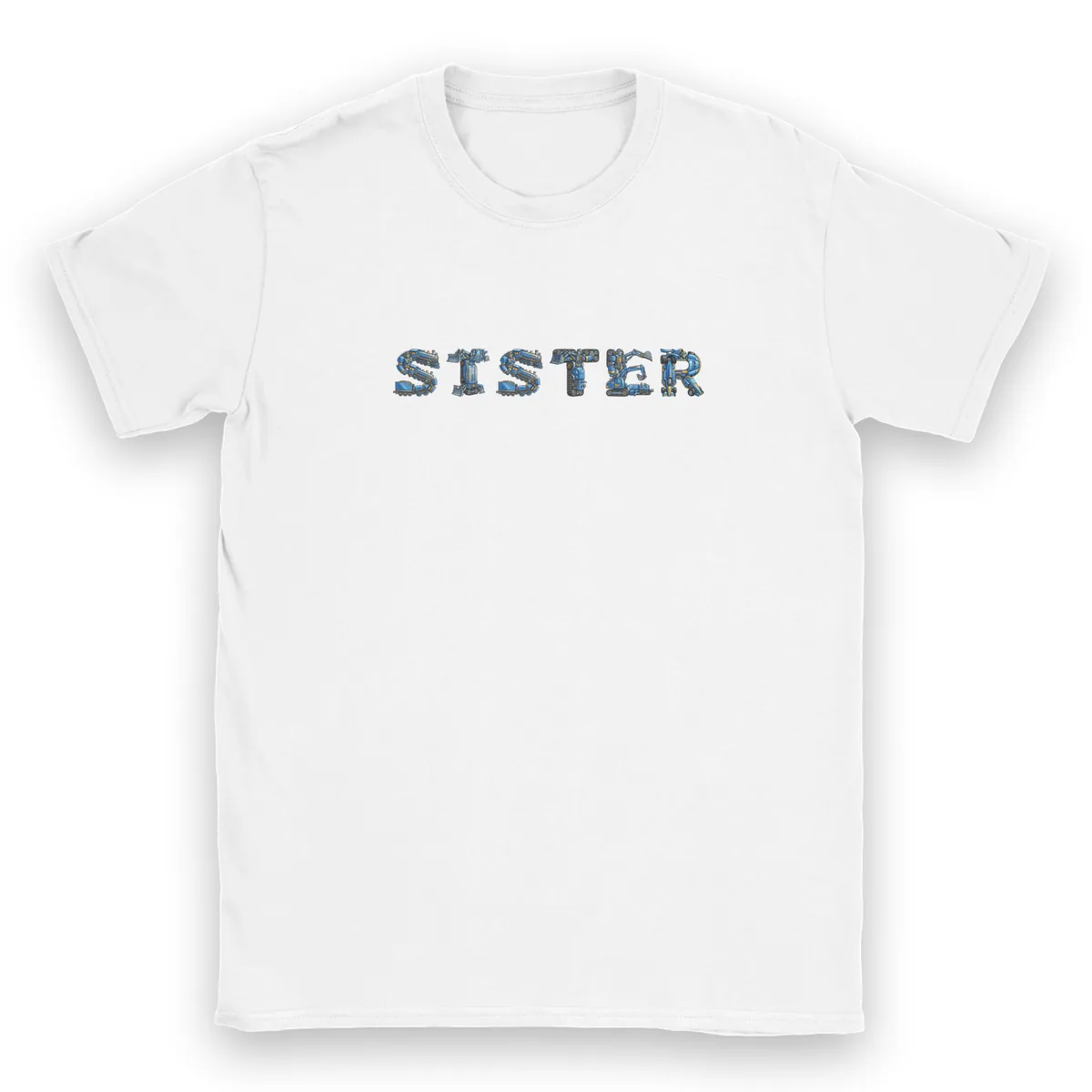 SISTER in the Robots alphabet, printed on a kids t-shirt