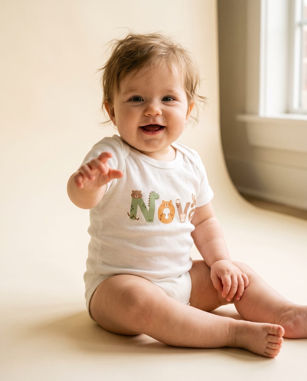 A baby wearing a bodysuit personalized with a name