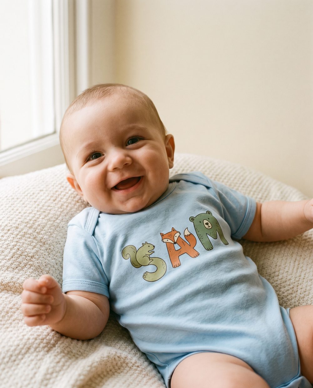 “Sam” on a Baby-blue bodysuit